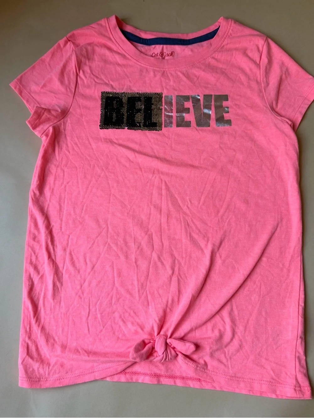 Cat & Jack Girls Pink Believe Sequin Tie Front Top Size 10-12